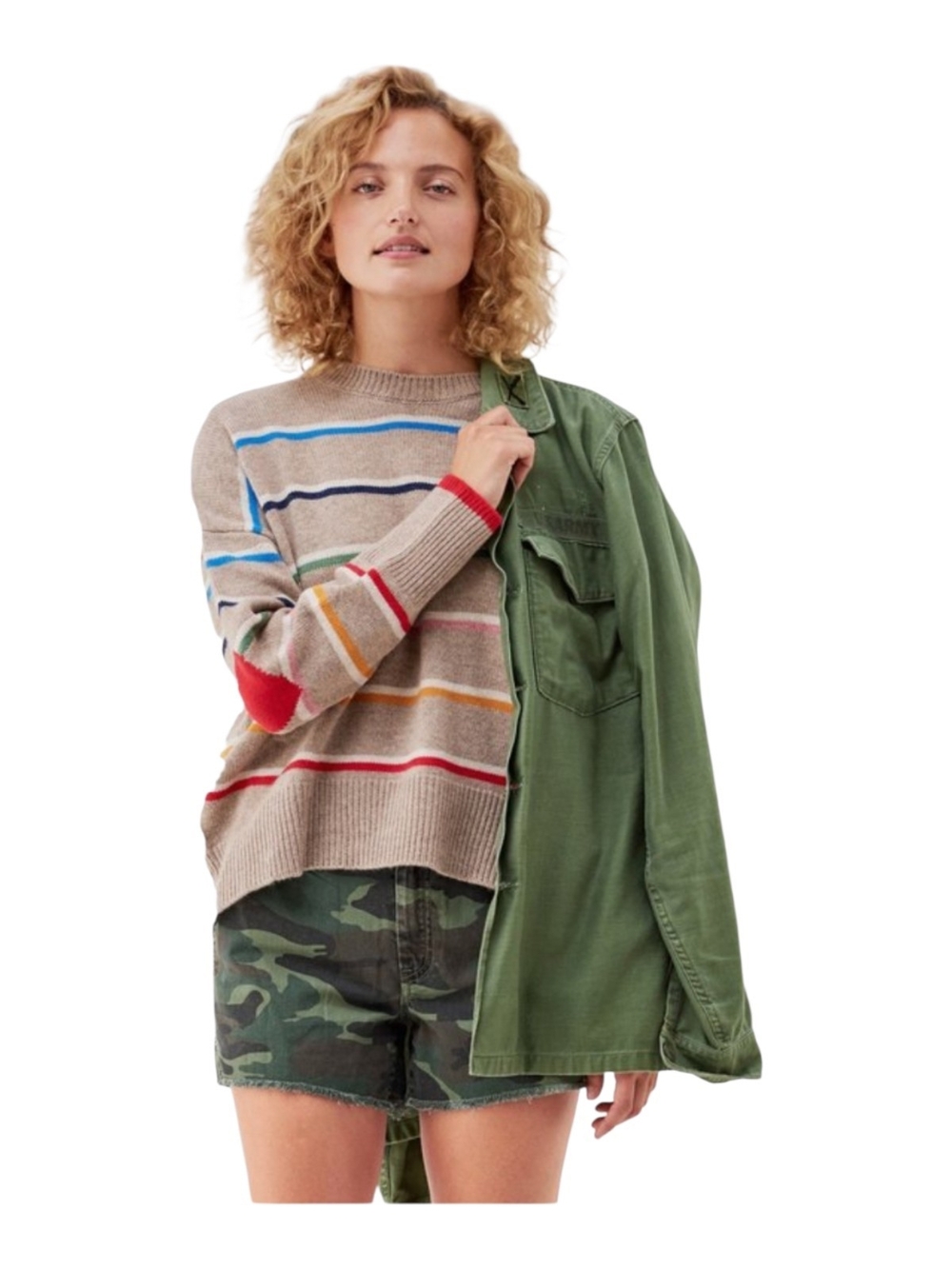 Sundry Merino Wool Cashmere Tan Crewneck Sweater with Rainbow Stripes XL